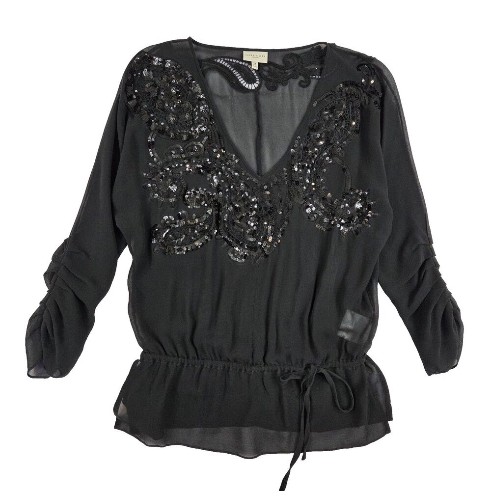Karen Millen Sheer Silk Sequin Top Black Ruched Sleeve 90s Y2k Whimsigoth Fairy